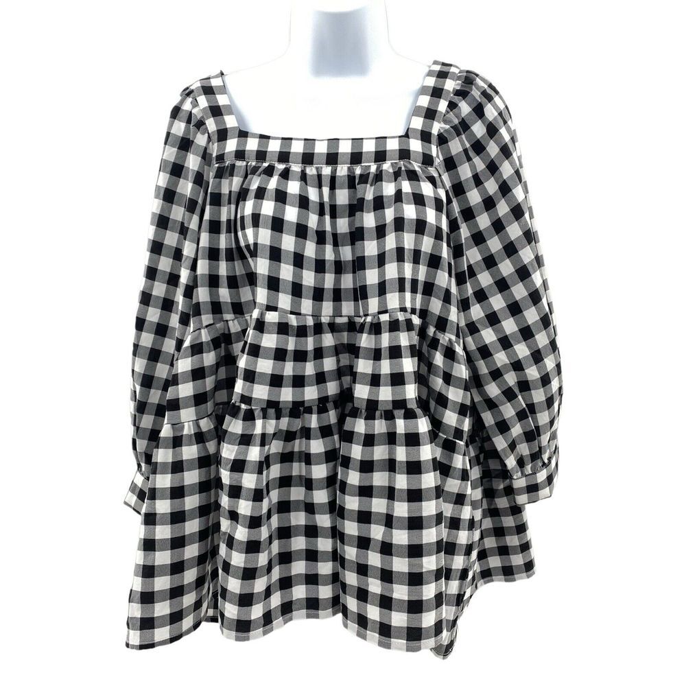 Entro Black and‎ Off White Gingham Print Woven Top NWT Small Checker 3/4 Sleeve